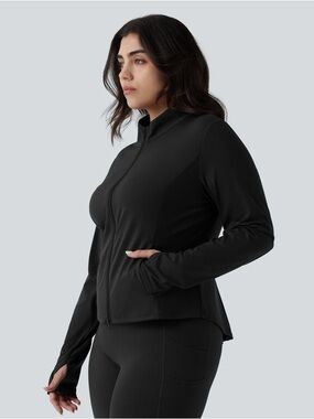 Halara SoftlyZero™ Stand Collar Thumb Hole Pockets Pleated Zipper Slimfit Size M